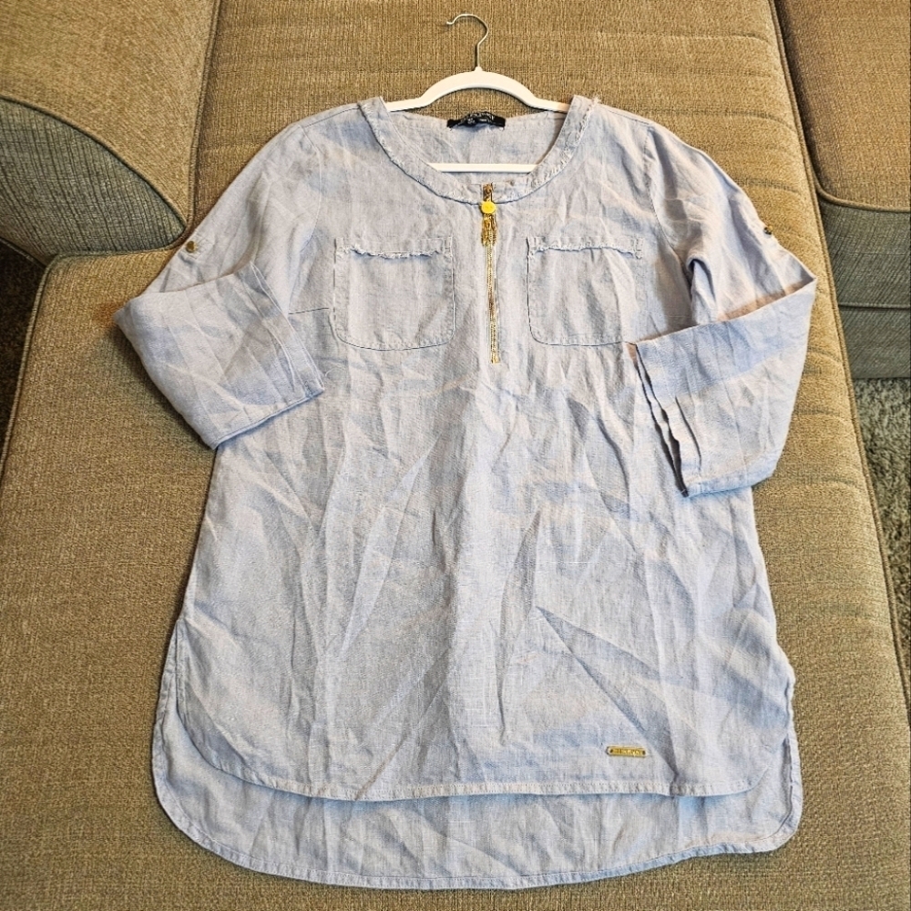 Ellen Tracy Linen Light Blue Casual Career Office Tunic w/ Gold Accents Small